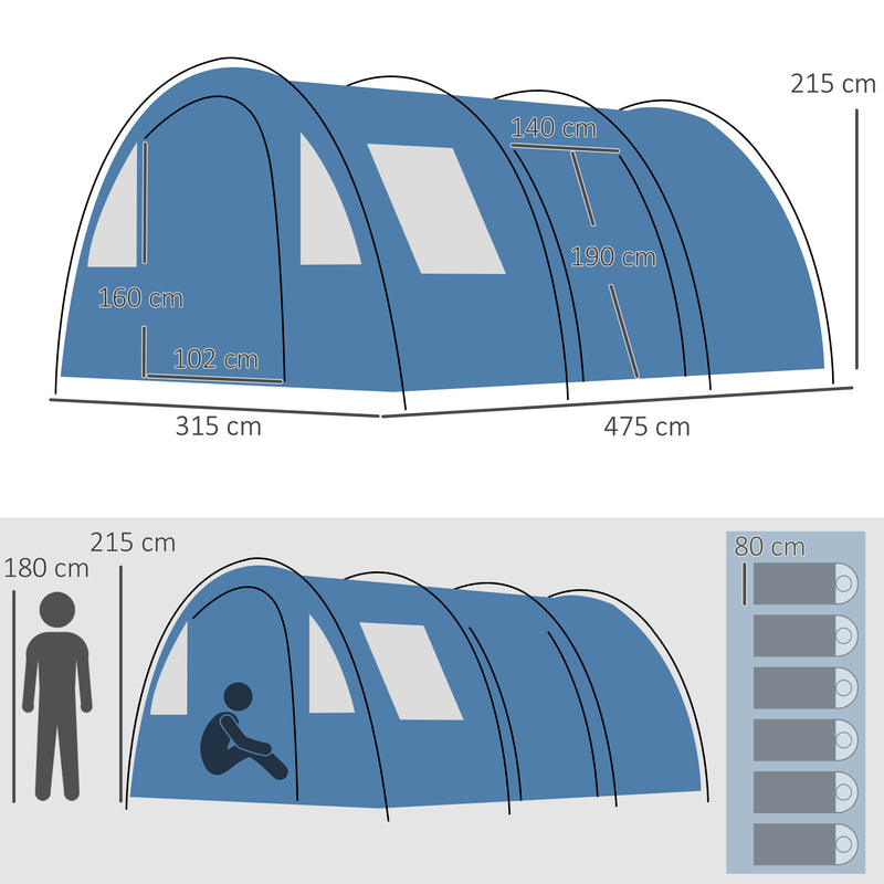 Tenda da Campeggio per 5-6 Persone 475x315x215 cm con 2 Porte Finestre e Tasche Portaoggetti Blu-3