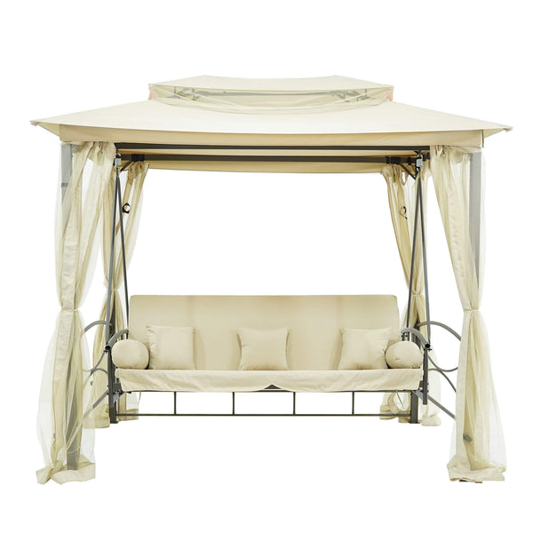 Schaukelbett 3 Sitze 255 x 175 x 250 cm mit Gazebo-Abdeckung und beigem Moskitonetz sconto