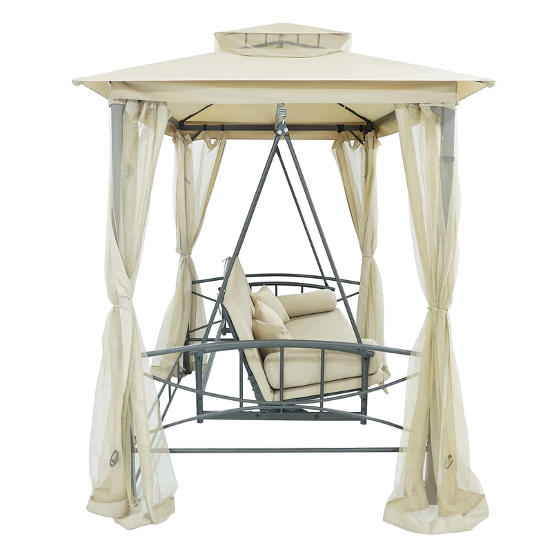 Dondolo Letto 3 Posti 255x175x250 cm con Copertura a Gazebo e Zanzariera Beige-2
