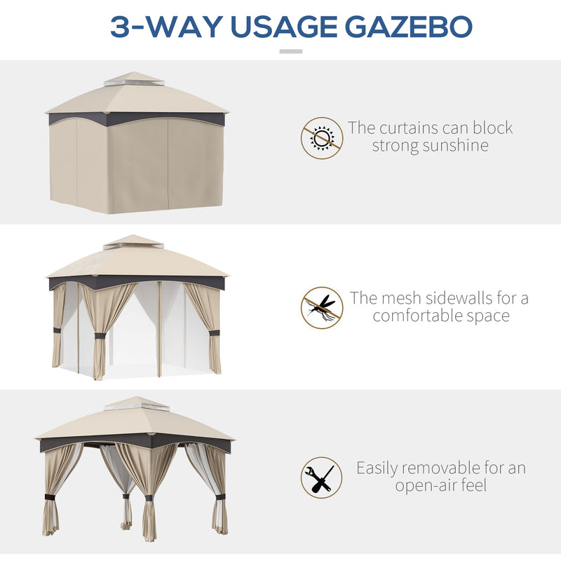 Gazebo da Giardino 3x3m con Tende e Zanzariere in Acciaio Beige e Grigio-4