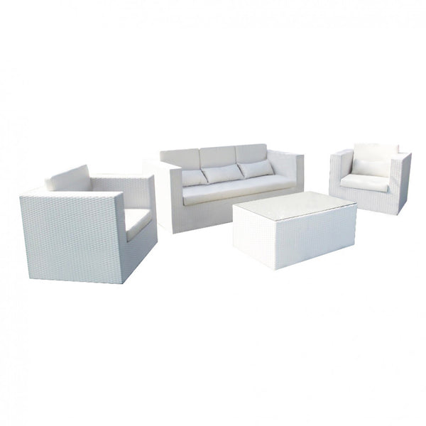Garden Lounge Set Sofa 2 Sessel und Couchtisch mit Kissen aus weißem Korbgeflecht sconto