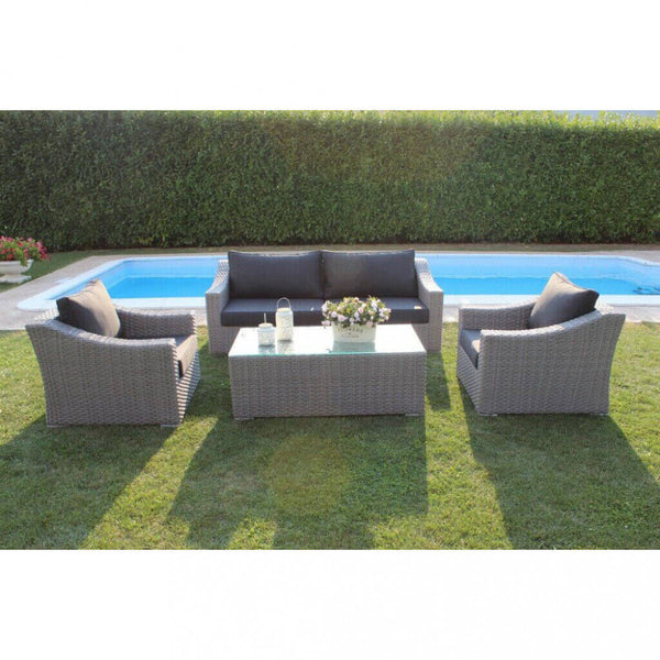 online Garden Lounge Set Sofa 2 Sessel und Couchtisch mit Kissen aus grauem Korbgeflecht