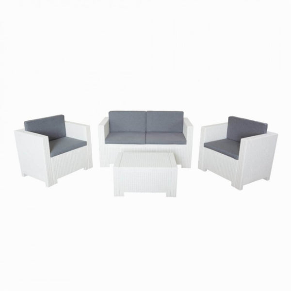 Garden Lounge Set Sofa 2 Sessel und Couchtisch mit Kissen aus weißem Kunststoff sconto
