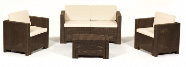 online Garden Lounge Set Sofa 2 Sessel und Couchtisch mit Kissen aus braunem Polypropylen