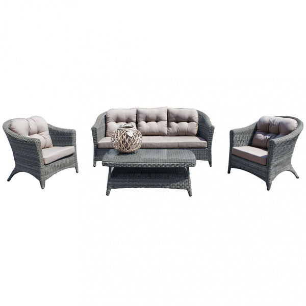 Garden Lounge Set Sofa 2 Sessel und Couchtisch mit Kissen aus grauem Korbgeflecht sconto