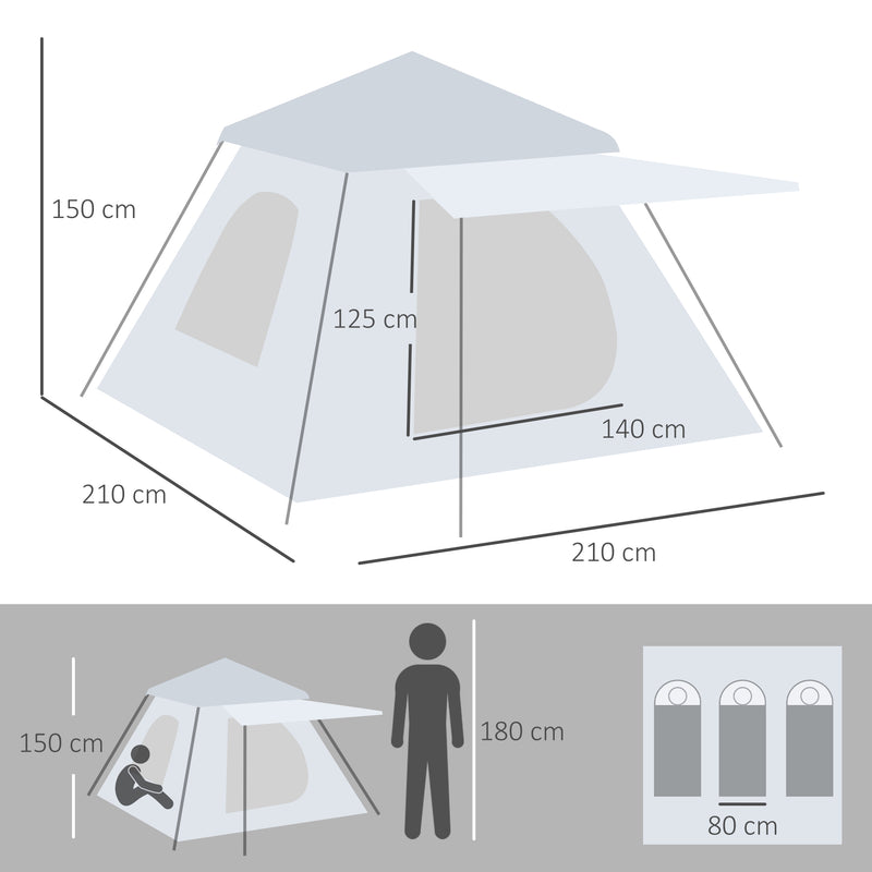 Tenda da campeggio per 2-3 persone 210x210x150 cm con Veranda grigia e bianca-3