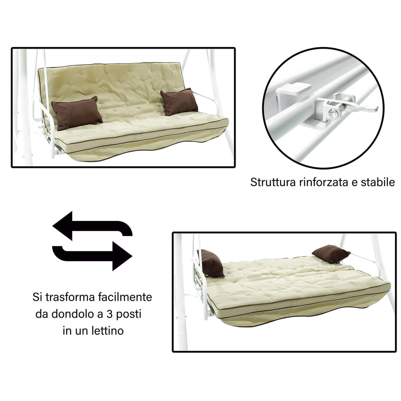 Dondolo Letto 3 Posti 202x115x170 cm in Acciaio e Poliestere Andromeda Ecrù-5