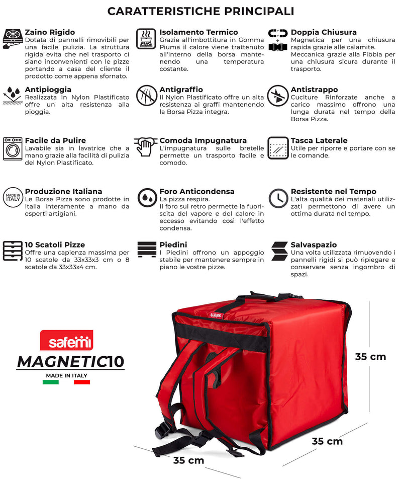Zaino Termico Rigido Magnetico Porta Pizze da Asporto 10 Cartoni Safemi Magnetic 10 Rosso-9