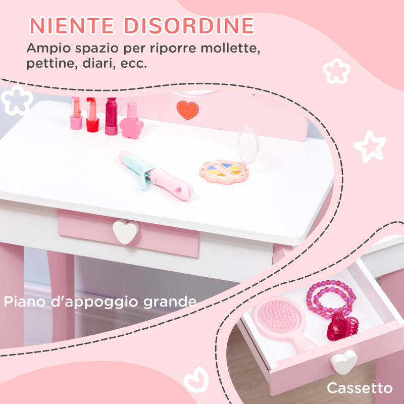 Specchiera Giocattolo per Bambini 50x36,5x89,5 cm con Sgabello in MDF Bianco e Rosa-5
