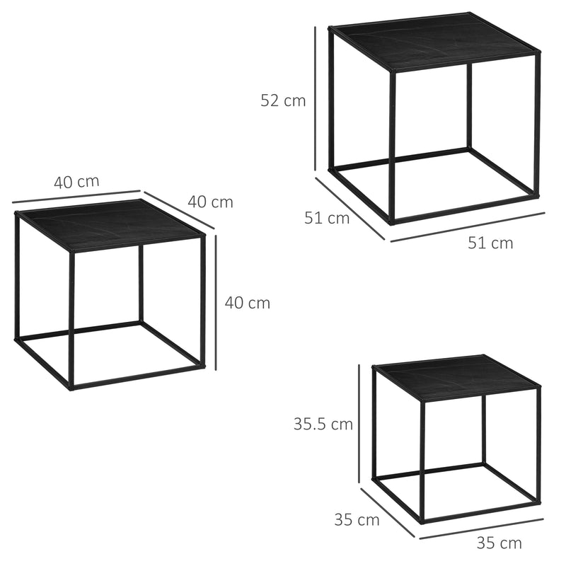 Set 3 Tavolini Quadrati Impilabili in Acciaio e Vetro Temperato Nero e Effetto Marmo-3
