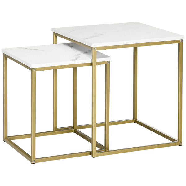 Set 2 Tavolini Impilabili con Piano Quadrato in Acciaio e Truciolato Bianco e Oro acquista