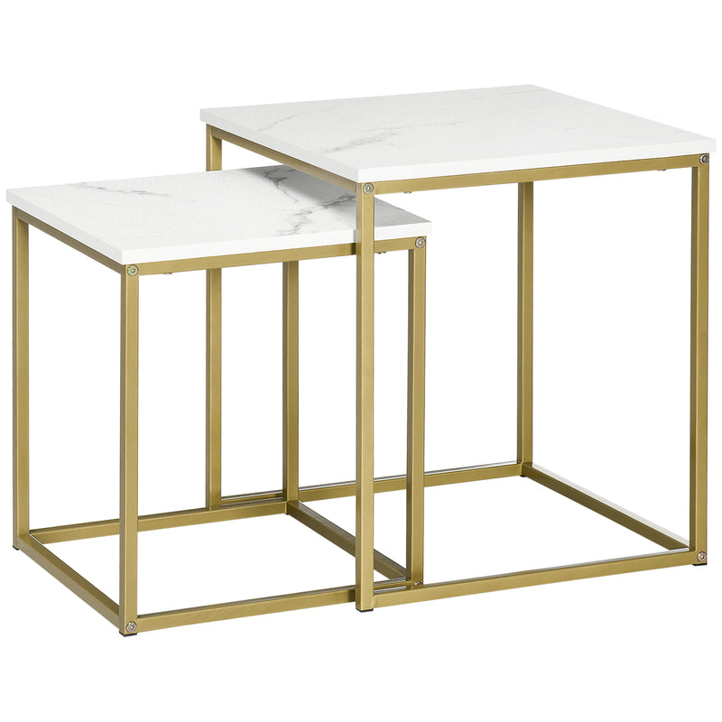 Set 2 Tavolini Impilabili con Piano Quadrato in Acciaio e Truciolato Bianco e Oro-1