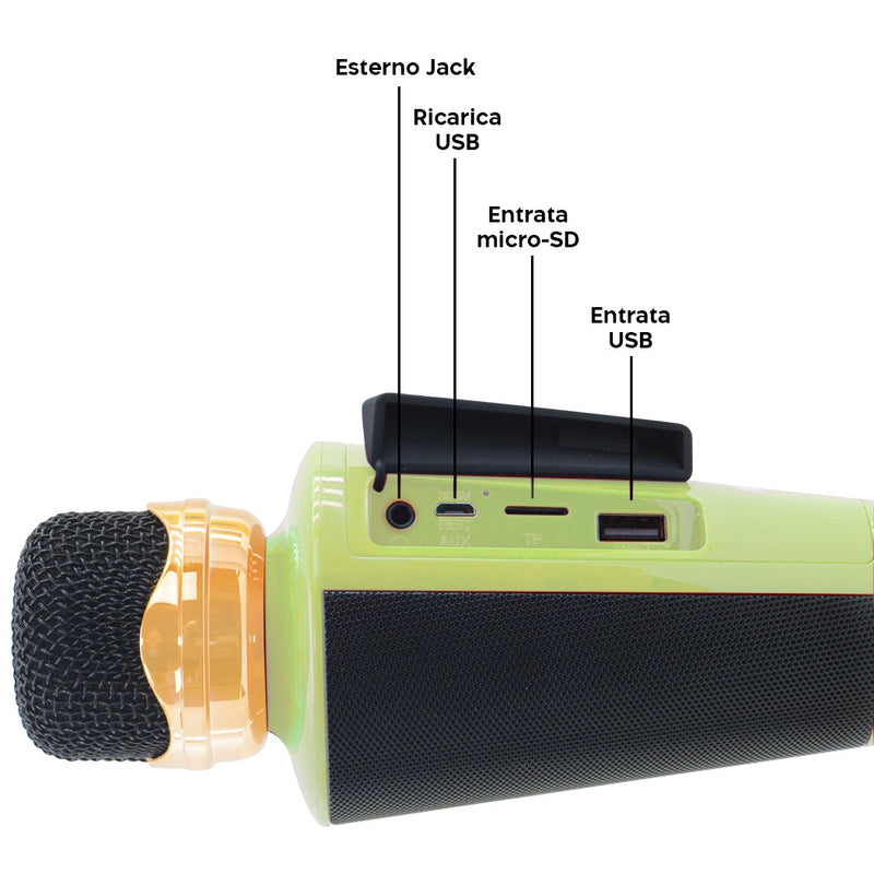 Microfono Karaoke Wireless Speaker Musica Bluetooth con USB per Feste Verde-2