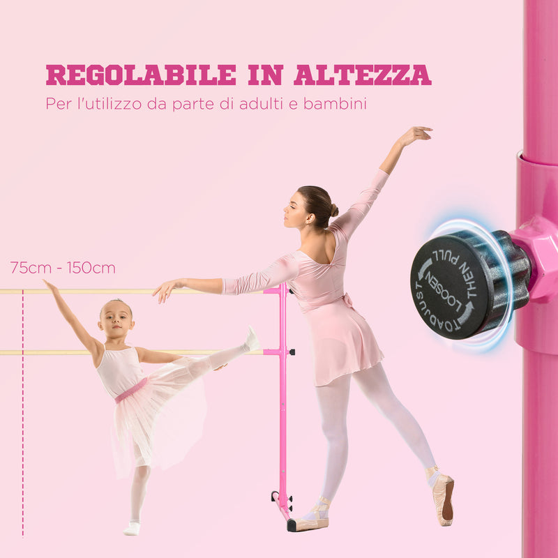 Sbarra Danza Classica Doppia 130x97x152 cm Altezza Regolabile in Acciaio e Legno Rosa-4
