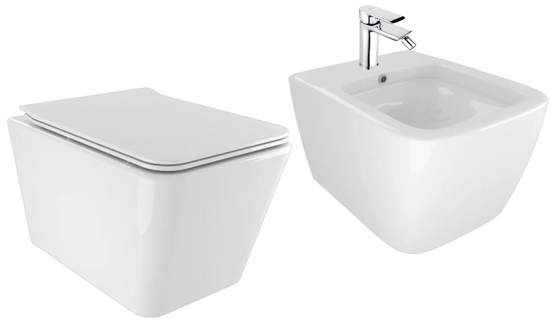 Coppia di Sanitari WC e Bidet Sospesi in Ceramica 36x52x35 cm Street Bonussi Bianco Lucido-10