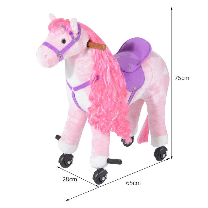 Cavallo a Dondolo per Bambini 65x28x75 cm con Rotelle Suoni e Poggiapiedi Rosa-3