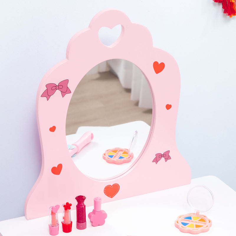 Specchiera Giocattolo per Bambini 50x36,5x89,5 cm con Sgabello in MDF Bianco e Rosa-7